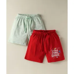 BUMZEE Cotton Knit Above Knee Length Shorts with Boat & I Need Space Text Print Pack of 2 - Red & Light Green-picture-23