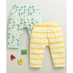 BUMZEE Cotton Knit Full Length Diaper Leggings with Animal & Striped Print Pack of 2 - Sky Blue & Yellow-picture-27