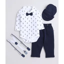BUMZEE Cotton Knit Full Sleeves Anchor Printed Onesie With Trouser Suspender Cap & Bow Set - Navy Blue& White-picture-14