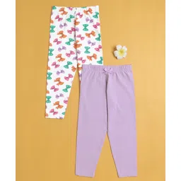 BUMZEE Cotton Knit Pack Of 2 Solid & Bows Printed Leggings - Lavender & White-picture-15