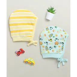 BUMZEE Cotton Knit Pack Of 2 Striped & Vehicles Printed Bonet Caps - Sky Blue & Yellow - Circumference 28 Cm-picture-29