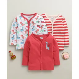 BUMZEE Cotton Knit Pack Of 3 Full Sleeves Striped & Dinosaurs Printed Jhablas - Red & White-picture-19