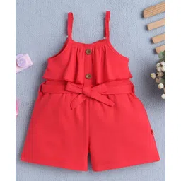 BUMZEE Cotton Knit Sleeveless Frill Detailing Solid Jumpsuit With Belt - Red-picture-28