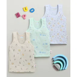BUMZEE Cotton Knit Sleeveless Vests With Animal Print Pack Of 3 - Beige Sea Green & Sky Blue-picture-12