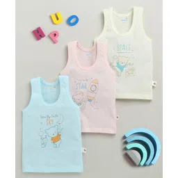 BUMZEE Cotton Knit Sleeveless Vests With Bear & Space Theme Print Pack Of 3 - Light Blue Light Pink & Light Yellow-picture-18