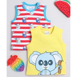 BUMZEE Cotton Knit Sleeveless Vests With Striped & Animal Print Pack Of 2 - Yellow & Red-picture-36
