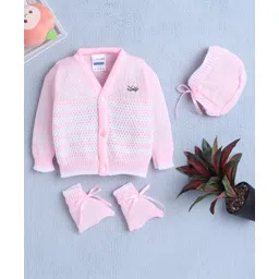 BUMZEE Full Sleeves Floral Embroidered Sweater With Cap & Socks Set - Pink-picture-20