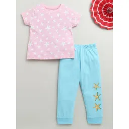 Bumzee Girls Baby Pink & Blue Cotton Graphic T-Shirt with Pyjama-picture-17