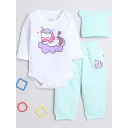 Bumzee Girls Mint Green & White Printed Full Sleeves Bodysuit, Joggers With Cap-picture-10