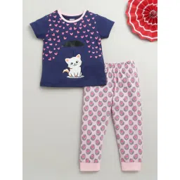 Bumzee Girls Navy & Pink Cotton Printed T-Shirt with Pyjama-picture-27