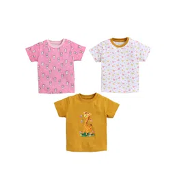 BUMZEE Girls Pack of 3 Mustard Yellow & Pink Printed Cotton T-shirt image 3