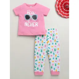 Bumzee Girls Pink & White Cotton Printed T-Shirt with Pyjama-picture-22