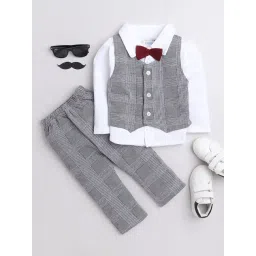 Bumzee Kids Grey & White Checks Full Sleeves Shirt, Waistcoat with Pants-image-25