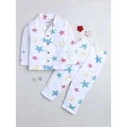 Bumzee Kids White & Blue Cotton Printed Full Sleeves Shirt Set-picture-37