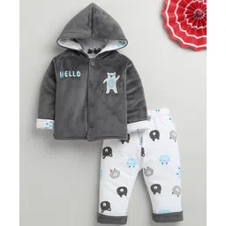 BUMZEE Knit Full Sleeves Bear Embroidered & Printed Hooded Winter Wear Set - Charcoal Grey & White-picture-27