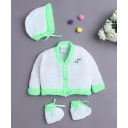 BUMZEE Knit Full Sleeves Cable Knit Design Solid Color Front Open Sweater with Cap & Booties - White & Neon Green-picture-24