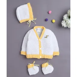 BUMZEE Knit Full Sleeves Cable Knit Design Solid Color Front Open Sweater with Cap & Booties - White & Yellow-picture-15