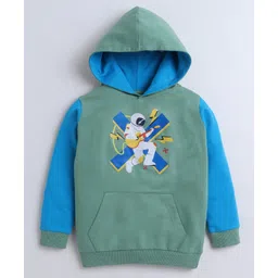 BUMZEE Looper Knit Full Sleeves Astronaut Printed Hooded Sweatshirt With Kangaroo Pockets - Green & Blue-picture-31