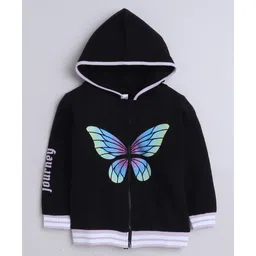 BUMZEE Looper Knit Full Sleeves Butterfly Printed Hooded Sweatjacket - Black-picture-38