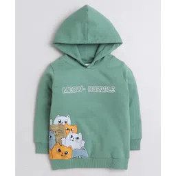 BUMZEE Looper Knit Full Sleeves Cat Printed Hooded Sweatshirt - Green-picture-14