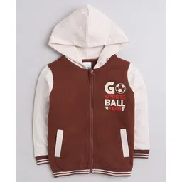 BUMZEE Looper Knit Full Sleeves Football Printed Hooded Sweatjacket - Brown & Cream-picture-17