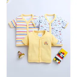 BUMZEE Pack Of 3 Half Sleeves Striped & Vehicles Printed Jhablas - Sky Blue & Yellow-picture-34