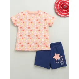 Bumzee Peach Cotton Graphic T-Shirt With Short for Girls-picture-12
