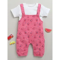Bumzee Pink Cotton Printed T-Shirt With Dungaree for Girls-picture-37