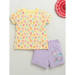 Bumzee Yellow Cotton Graphic T-Shirt With Short for Girls-picture-42
