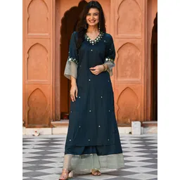 Bunaai Mirror Work A-Line Kurta With Palazzos-picture-35