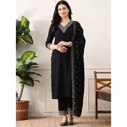 Bunai Dhaga Floral Embroidered V-Neck Straight Kurta With Trouser & Dupatta-picture-23