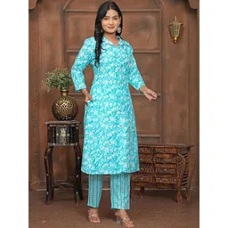 Bunkari Floral Printed Shirt Collar Pure Cotton Straight Kurta With Harem Pant-picture-18