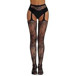 bunny bae Suspender Pantyhose for Women Floral Lace Fishnet Tights Thigh High Stockings with Garter Black Fishnet Leggings-picture-29