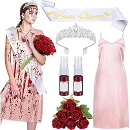 bunnycool 11 Pcs Bloody Prom Costume Bloody Women Dress Accessories Princess Crown Sash Nightgown Dress Adult Halloween Cos-picture-26