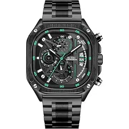 burei Men's Fashion Silver Watches Chronograph Multifunction Watch Stainless Steel Strap Waterproof Watch Casual Square Watch Analog Quartz Watches with Calendar for Business and Collection-picture-24