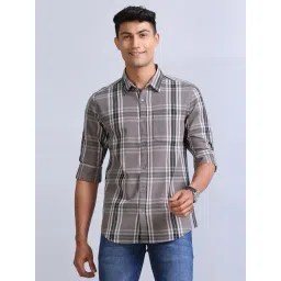 Bushirt Greyish Brown Regular Fit Check Cotton Shirt-picture-25