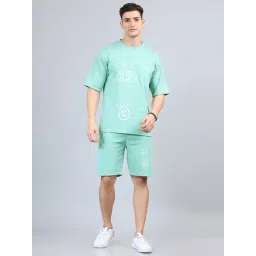Bushirt Light Green Loose Fit Printed Cotton T-Shirt & Shorts Set-picture-45