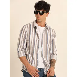Bushirt Men Classic Fit Vertical Striped Spread Collar Cotton Casual Shirt-picture-29