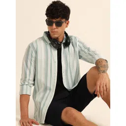 Bushirt Men Classic Fit Vertical Striped Spread Collar Cotton Casual Shirt-picture-37