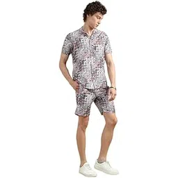 bushirt Men’s Casual Co-Ords Set Half-Sleeve Rayon Printed with Lapel Collar & Comfortable Shorts - Regular Western Style Night Suit Grey-2XL-picture-26