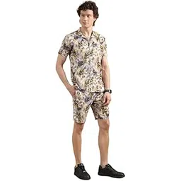 bushirt Men’s Casual Co-Ords Set Half-Sleeve Rayon Printed with Lapel Collar & Comfortable Shorts - Regular Western Style Night Suit Grey-M-picture-35