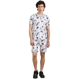 bushirt Men’s Casual Co-Ords Set Half-Sleeve Rayon Printed with Lapel Collar & Comfortable Shorts - Regular Western Style Night Suit Lavender-XL-picture-49