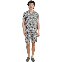 bushirt Men’s Casual Co-Ords Set Half-Sleeve Rayon Printed with Lapel Collar & Comfortable Shorts - Regular Western Style Night Suit White-XL-picture-37