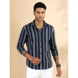 Bushirt Navy Blue Cotton Polyblend Regular Fit Stripes Casual Shirt-picture-46