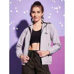 BUY NEW TREND Women Grey Colourblocked Windcheater Crop Outdoor Sporty Jacket with Embroidered-picture-26