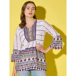 BUY NEW TREND Women Tribal Print Flared Sleeve Crepe Shirt Style Longline Top-picture-24