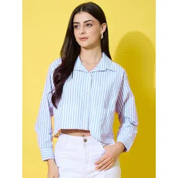 buynewtrend Women Oversized Fit Striped Spread Collar Casual Shirt-picture-14