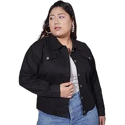 buynewtrend curvy Button-Closure Twill Denim Women's Plus Size Jacket with Pockets Flap-picture-31