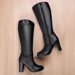 9 Cm High Heel Height Increasing Faux Leather, Casual Formal Slipon Knee Boot Boots For Women-image-28