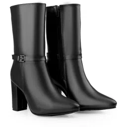 bxxy Women's 3.5 Inch Faux Leather Stylish Black Mid-Calf Block Heel High Ankle Boot Slip On For Women-picture-15